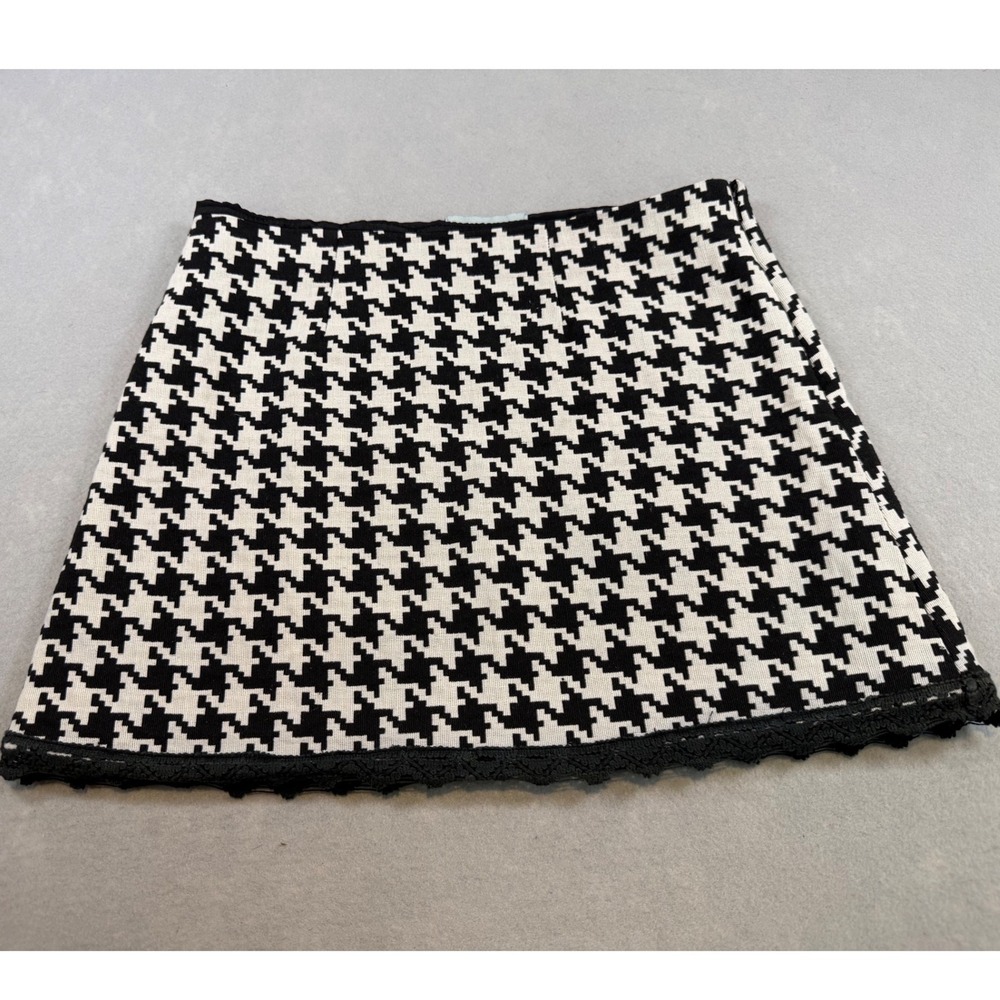 Judith March Womens Houndstooth Mini Skirt Black White Lace Trim Size L